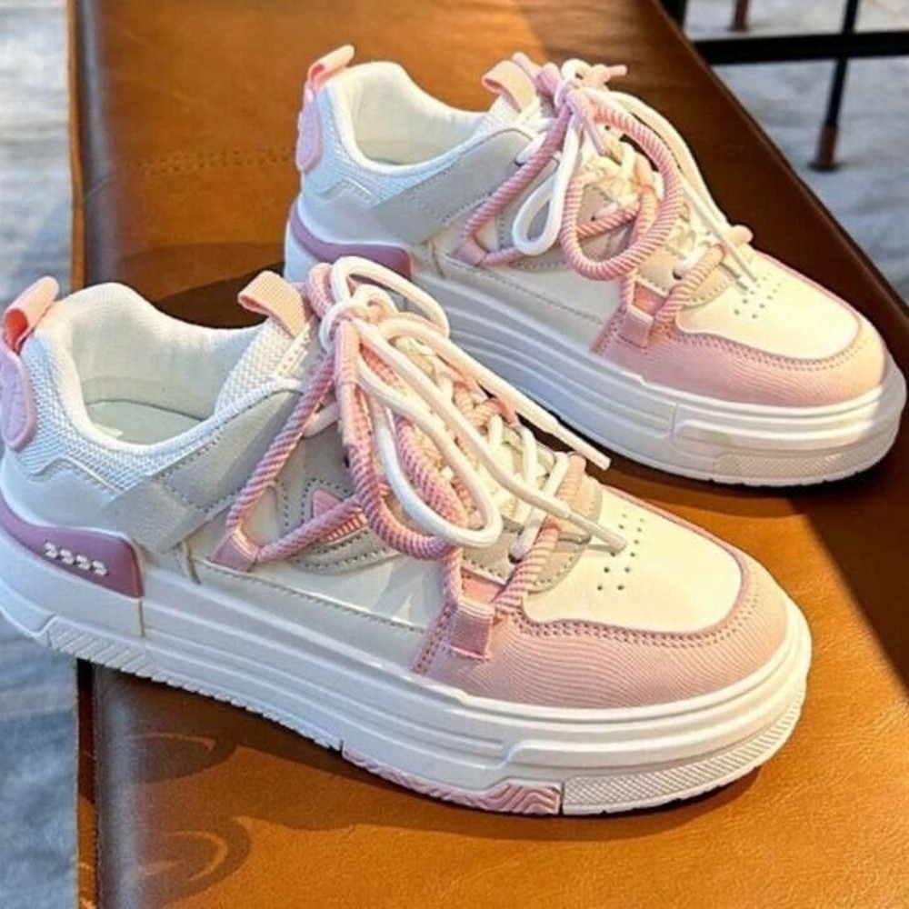 SHEIN Fashion Sneakers Chunky Platform Lace Up Casual Shoes White Pink Sz 8 - Picture 13 of 16